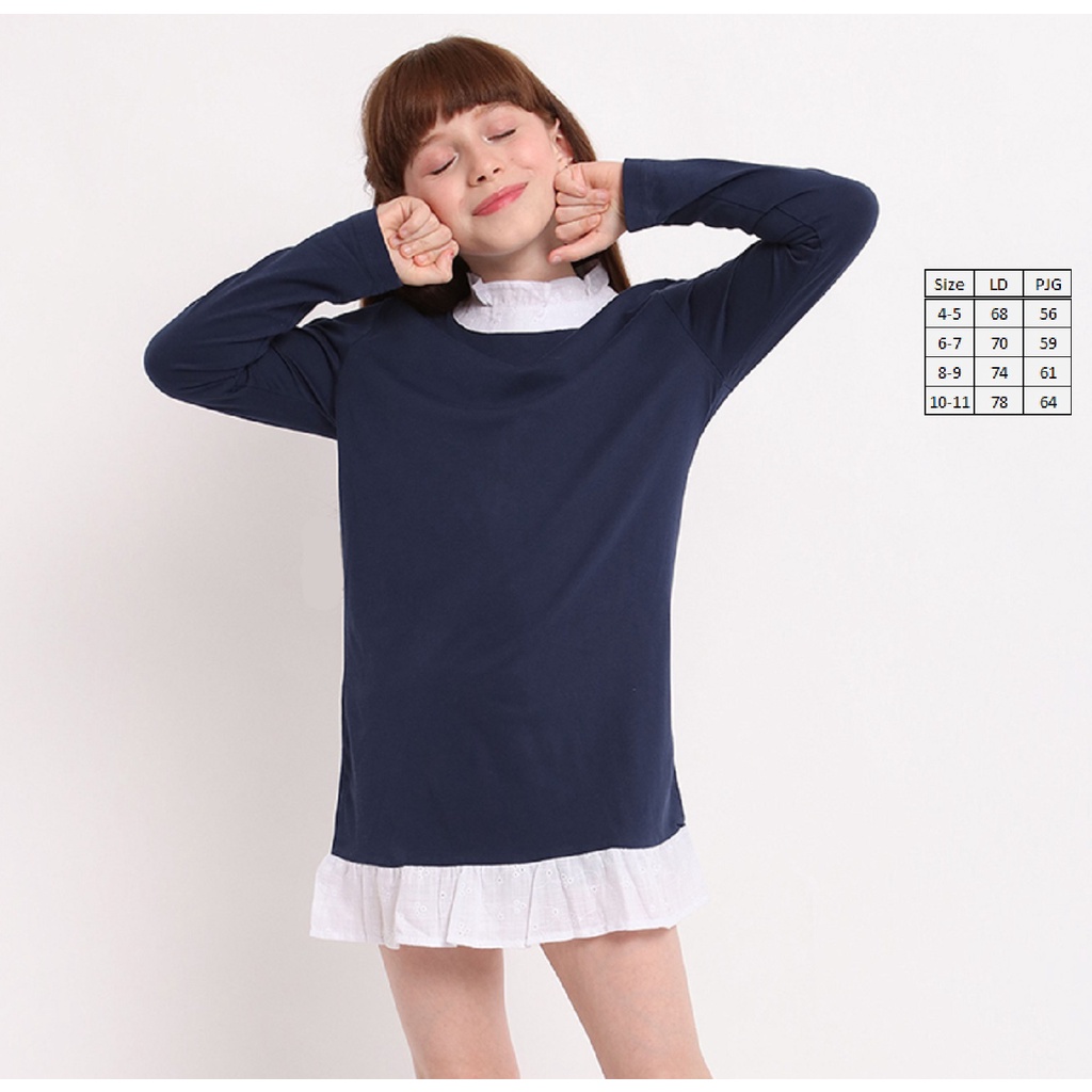 KATUN Zlata อักษรา ชุดเดรสเด็กแขนยาว เด็กผู้หญิง สีกรมท่า ผ้าฝ้ายลําลอง HYVINKA 18.11