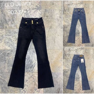 G.D.Jeans รุ่น 90237-1#กางเกงยีนส์แฟชั่นขายาวผ้ายืดสีดำฟอกเอวสูงขาม้าติดกระดุมทองพร้อมแต่งเอวขุย