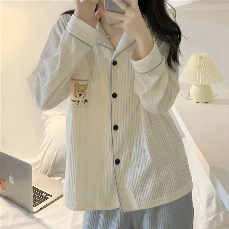 🧁พร้อมส่ง🧁ชุดนอน ผ้าคอตตอน แขนขายาว  ขายดีที่สุด ชุดนอนสไตล์เกาหลี ผ้านิ้ม ไม่บาง ผ้าดีมาก