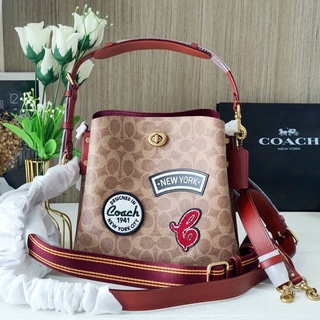 🎀 (สด-ผ่อน) กระเป๋า 9 นิ้ว งาน Shop COACH C6868 Willow Bucket Bag In Signature Canvas With Patches