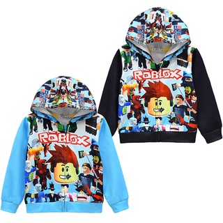 Roblox เสื้อแจ็กเก็ต แขนยาว มีฮู้ด พิมพ์ลายดิจิตอล 3D สีฟ้า สีดํา สําหรับเด็กผู้ชาย