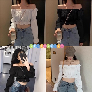 🍓พร้อมส่ง🍓เสื้อปาดไหล่แขนยาว เสื้อเปิดไหล่ สม็อกไขว้หน้า งานสวยผ้า ใส่นุ่มสบายไม่คัน เสื้อปาดไหล่แฟชั่น