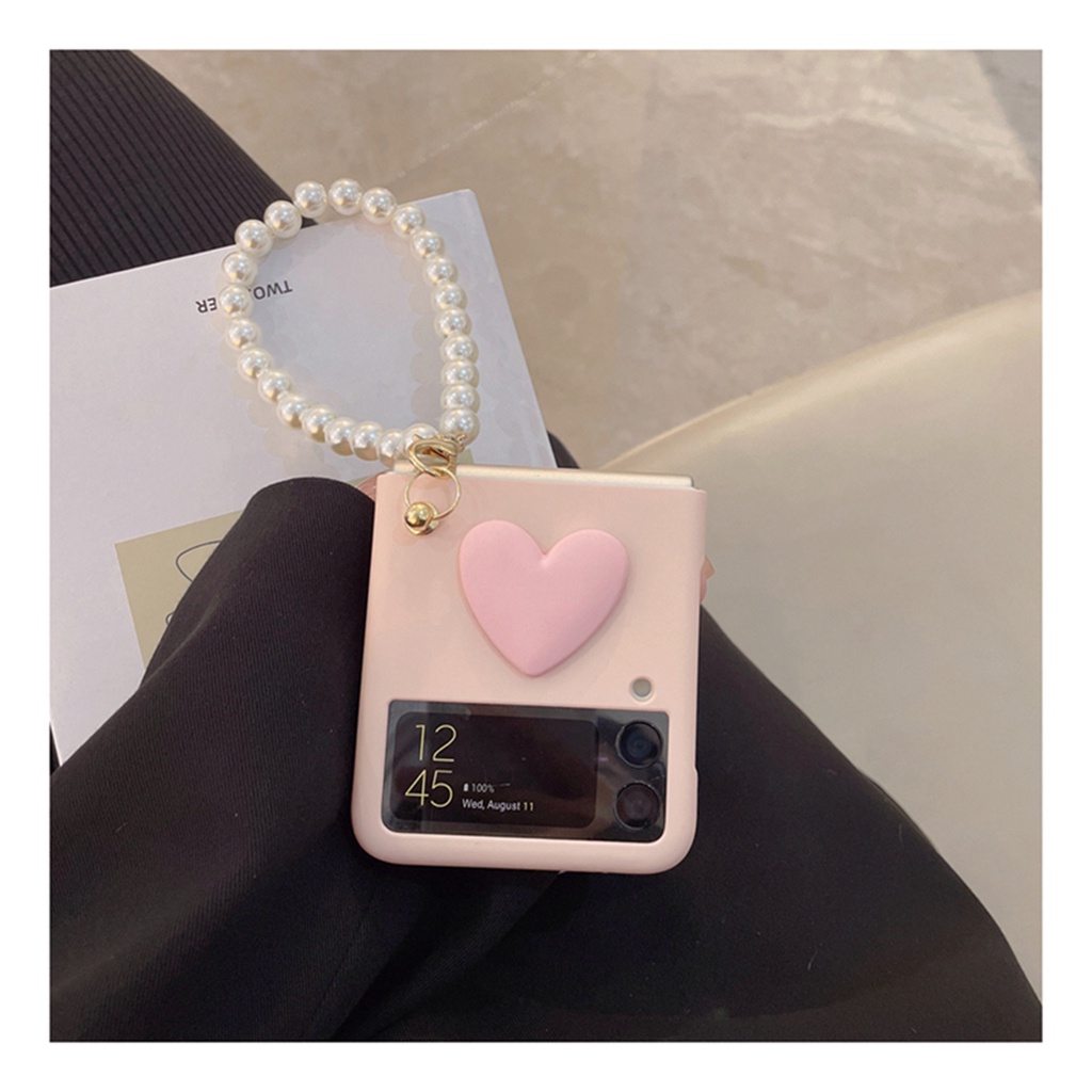 Samsung Galaxy Z Flip 4G 7 6 5 4 3 5G Flip7 Flip6 แฟชั่นเกาหลีน่ารัก 3D สีชมพูหัวใจรักสร้อยข้อมือมุก