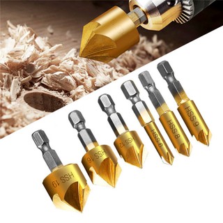 6 ชิ้น 5 ขลุ่ยไฮสปีด Countersink ขูดสว่าน 1/4 HEX S hank ไทเทเนียมเคลือบแกนไม้ดอกสว่านบิตอุปกรณ์เครื่องมือไฟฟ้า