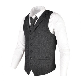 VOBOOM ผู้ชาย Waistcoat Herringbone Tweed Wool Blend ชุดเสื้อกั๊กปรับแต่งคอชุดเสื้อกั๊ก 018s