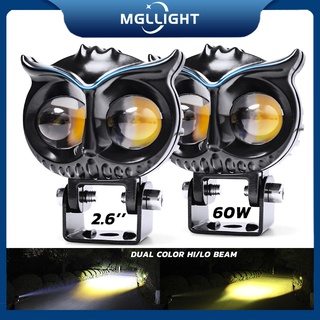 MGLLGHT นกฮูก LED ไฟหน้ารถจักรยานยนต์ 6000K 3000K สีขาวสีเหลืองไฟ LED ทำงานไฟตัดหมอก 12000LM สำหรับ Moto สกูตเตอร์รถ ATV รถบรรทุก 12V 24V