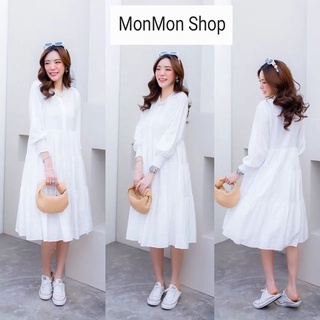 MONMON SHOP 😊 MON5651 แม็กซี่เดรสผ้าพื้นแต่งกระดุมหน้า ทรงปล่อยช่วงแขนแต่งจั๊ม งานน่ารักมากๆเลยนะคะ