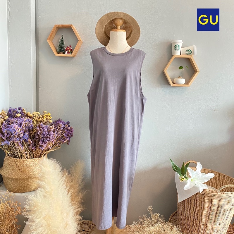 🇯🇵GU เดรสผ้าคอตตอนยืด มือสอง แบรนด์ญี่ปุ่นแท้💯% Size L (อก 36”) สีเทา แขนกุด ผ่าหลัง (Lot 10)