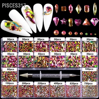 Pisces317 พลอยเทียม หลากสี พร้อมกล่อง สําหรับตกแต่งเล็บ Diy