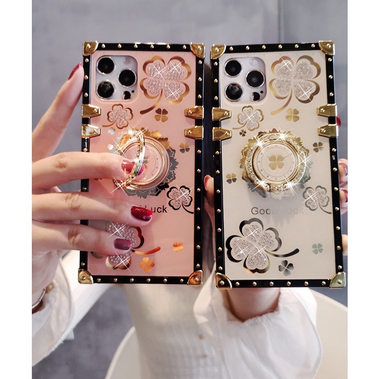 สําหรับ iPhone 16 Pro Max 15 14 Pro Max 11 12 13 Pro Max ปลอก X XS Max XR 6 7 8 14 15 16 PLUS Luxury Clover รูปแบบผู้ถือแหวนเคสโทรศัพท์สแควร์ป้องกันกรณีฝาครอบ