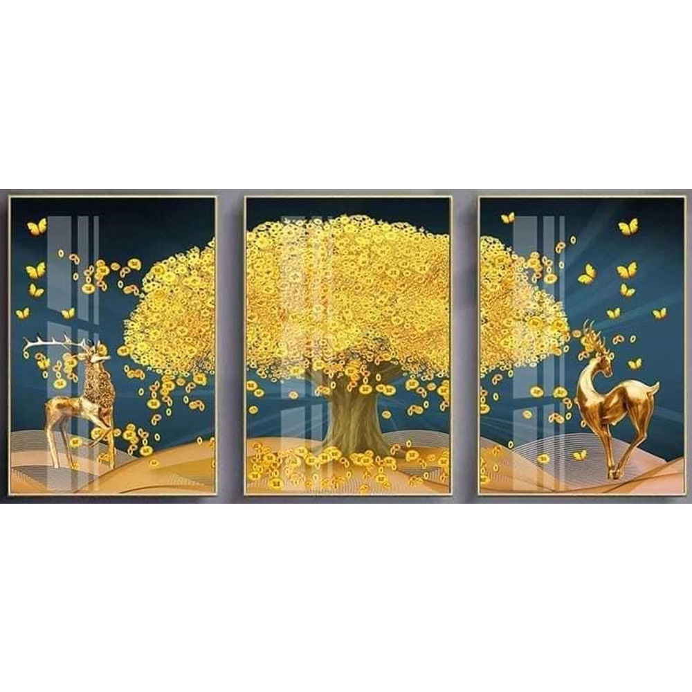 ชุดระบายสี 3 ชิ้น Deer of Fortune HD40748 - วัสดุลามิเนตกระจกหรือผ้าใบ TPdecor