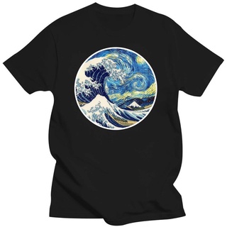 ใหม่ เสื้อยืด พิมพ์ลาย The great wave on a starry night hokusai great wave off kanagawa van gogh starry night oilS-3XL