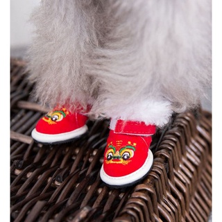 รองเท้าสุนัข รองเท้าสัตว์เลี้ยง ใส่ง่าย กันน้ำ กันลื่น สีแดง ต้อนรับวันตรุษจีน