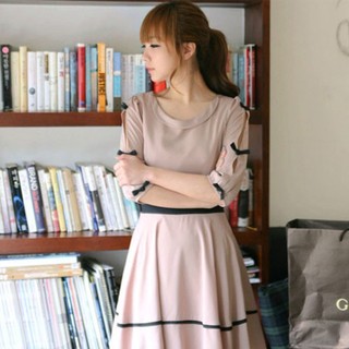 Angelcitiz (สินค้าพร้อมส่งค่ะ) ชุดเดรสเกาหลี แขนห้าส่วน ผ้าชีฟอง แต่งริบบิ้นโบว์ที่แขนน่ารัก มี 2 สี