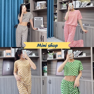 Mini shop🌸พร้อมส่ง🌸 (DX-1225)  3in1 ชุดเซ็ต เสื้อยืดแขนสั้น+เสื้อครอป+กางเกงขายาว ลายตารางคุ้มมาก 09