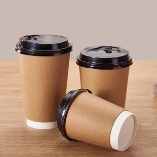 แก้วกาแฟร้อน (25ใบ) สีน้ำตาลคราฟท์ พร้อมฝาขนาด 8oz 14oz 16oz แก้วหนา 2ชั้น