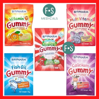 ซองใหญ่!! Biopharm Gummy (VitaminC, Fish Oil, Multivitamin, Calcium &amp; Sugar Free Fiber) ไบโอฟาร์ม กัมมี่ เยลลี่ ทุกรส 40-60 กรัม (1 ซอง)