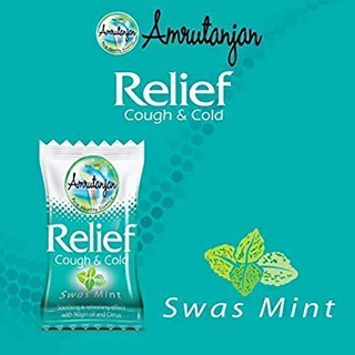 (1เม็ด) ลูกอม Amrutanjan Relief Swas Mint บรรเทาอาการระคายเคืองคอเนื่องจากหวัดลงคอ