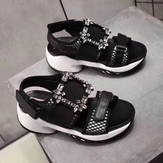 ROGER VIVIER Viv Run Crystal-embellished Mesh And Leather Sandals เทียบแท้1:1