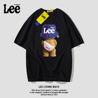 เสื้อยืด- เสื้อยืดแขนสั้น ผ้าฝ้าย พิมพ์ลายหมี Lee สําหรับผู้ชาย และผู้หญิง