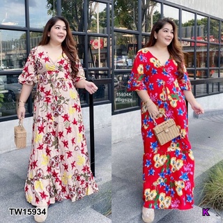 👗Pfashion [ส่งไว!!🚛] P15934 เดรส #Bigsize ปาดไขว้อกแขนระบายลายดอกไม้ #Bigsize dress with floral print sleeves