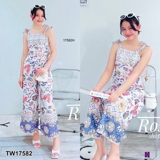 17582 จั๊มสูทสายผูกไหล่ ขายาว พิมลาย jumpsuit shoulder strap, long leg, printed pattern