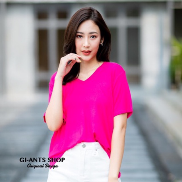 Gi-ANTS  เสื้อยืดผู้หญิง แขนสั้น ตัวใหญ่ คอวี over size  แต่งผ่าข้าง CARDIGAN_NISTA​ (GIA4J)
