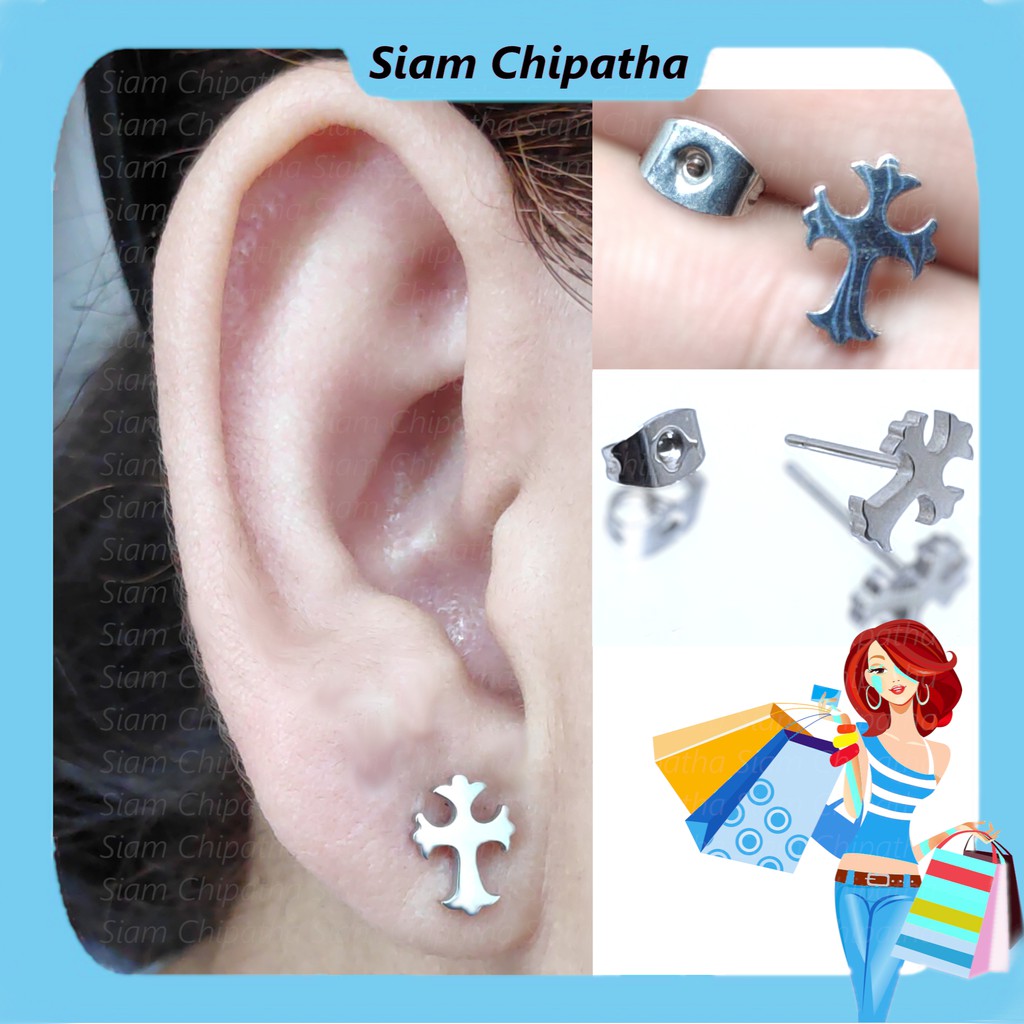 จิวสแตนเลส สำหรับเจาะตรงบริเวณกระดูกอ่อนของหู | M.S | Cross Stud earring for Men Women Stainless Steel - 1 ข้าง