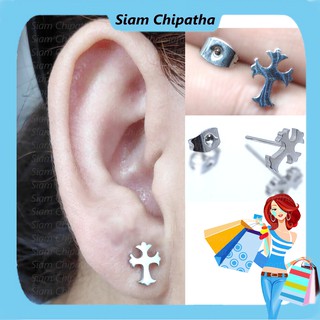 จิวสแตนเลส สำหรับเจาะตรงบริเวณกระดูกอ่อนของหู | M.S | Cross Stud earring for Men Women Stainless Steel  - 1 ข้าง