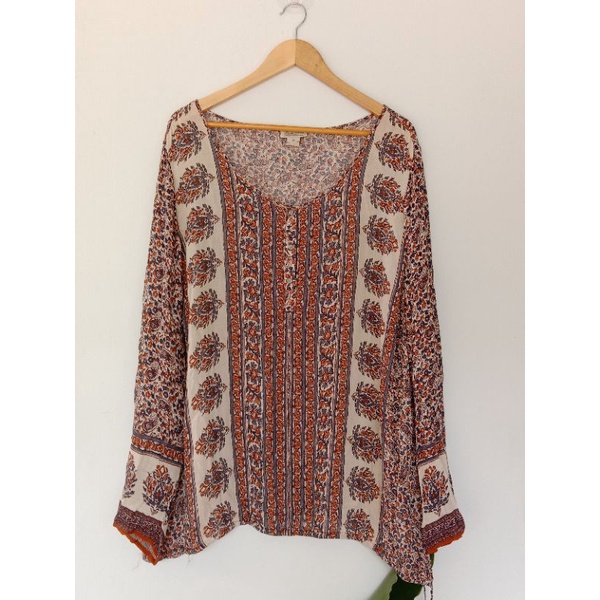 3XL เสื้อผ้าพิมพ์ลาย  Lucky Brand แนว India Block Print อกหน้าผ้า 58 ยาว 29 ด้ายรัน เล็กน้อย