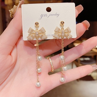 Jewtrendy - ต่างหูเจาะโบว์ประดับมุก Hollow Pearl Bow ก้านเงิน925