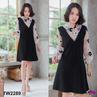 SS2289 Dress เดรสคอปกตัดต่อ ผ้าตาข่ายเย็บติดดอกไม้