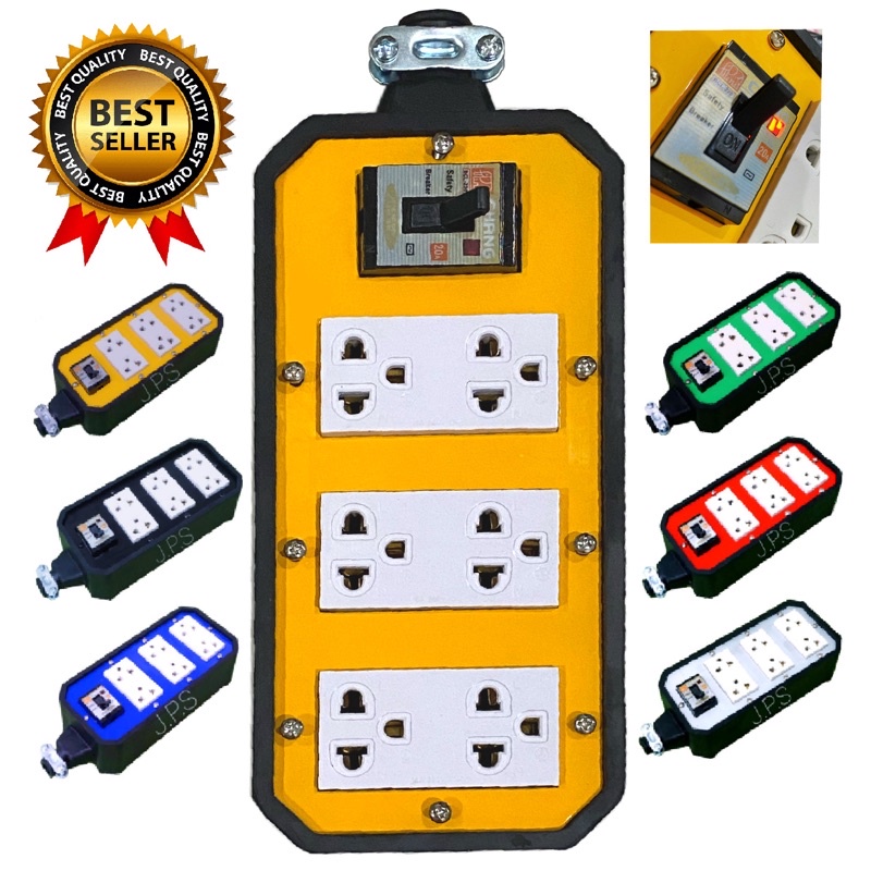 บล๊อคยางพาราแท้ JPS 6 ช่องเสียบ มีเบรคเกอร์ 4x8 BK ปลั๊กสนาม (Without power cord)