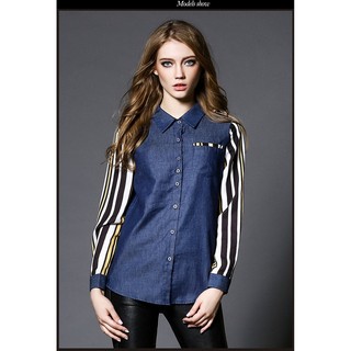 เสื้อเชิ้ตยีนส์แขนยาว European denim shirt striped blouse