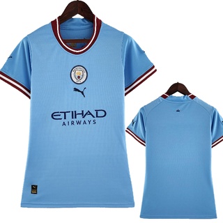 เสื้อกีฬาแขนสั้น ลายทีมชาติฟุตบอล Manchester City 2022-23 ชุดเหย้า สีฟ้า สําหรับผู้หญิง