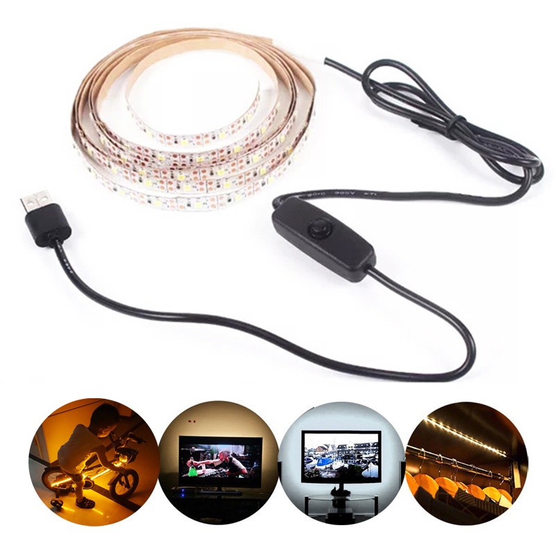 Dc5v USB LED แถบโคมไฟ 5 เมตร พร้อมสวิตช์ เทปไฟ LED ยืดหยุ่น ริบบิ้น TV เดสก์ท็อป หน้าจอ พื้นหลัง ไฟห้องนอน สีขาว