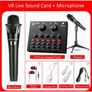 cherry แถมฟรีขาตั้ง+ไมค์+หูฟัง!! ชุดกล่องเสียงเอฟเฟค ซาวด์การ์ด singing live soundcard v8 Bluetooth