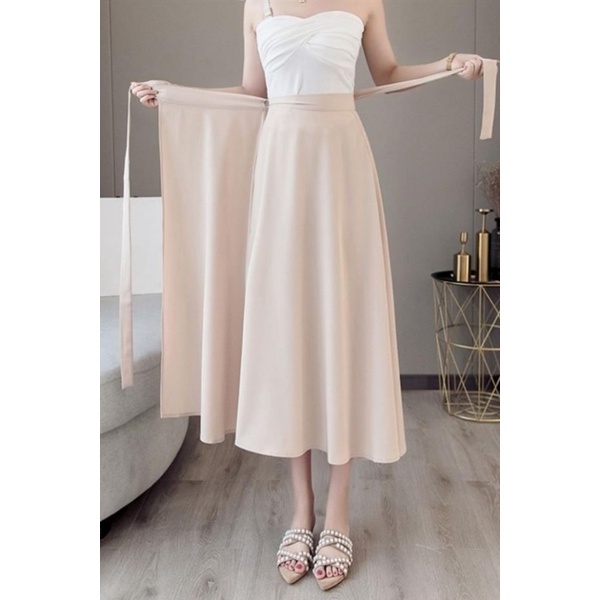 กระโปรง 2021 กระโปรงอินเทรนด์ One Piece Laced-Up สีทึบไม่สม่ําเสมอไขมันบางกระโปรงเอวสูงชีฟอง All-Mat