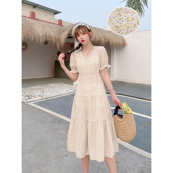 YEBIN FLORAL DRESS เกาหลี PASTEL MIDI PUFFY V คอดอกไม้เกาหลีวินเทจสีดํา BEACH
