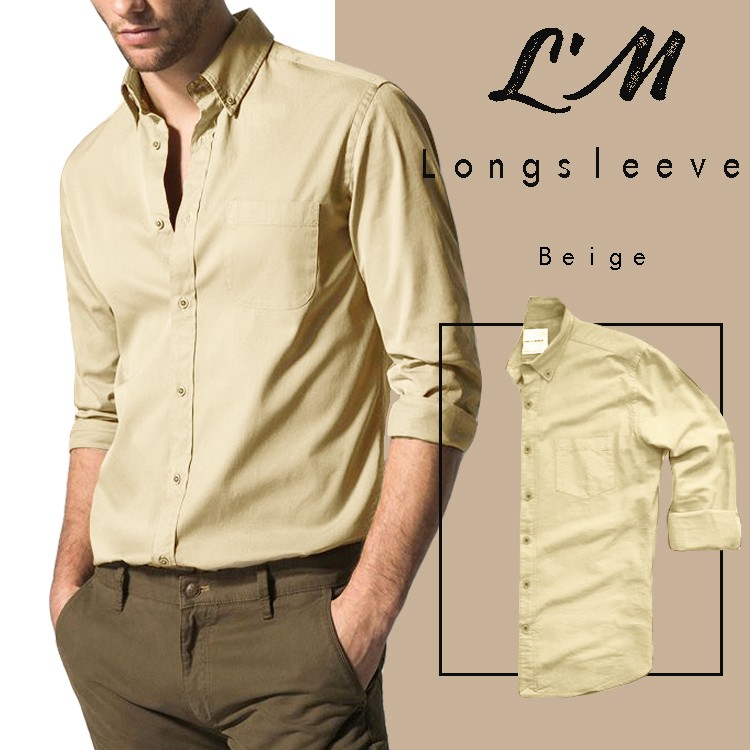 L'M Men's style เสื้อเชิ้ตผู้ชายแขนยาว เสื้อเชิ้ตสีพื้น ผ้าcotton คอตตอน คอปก 4 สี สีเบจ สีเลือดหมุ สีเทา สีเขียวเข้ม - รูปที่ 2