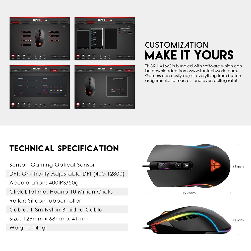 FANTECH X16 V2 THOR II Optical Macro Key RGB Gaming Mouse เมาส์เกมมิ่ง ออฟติคอล ตั้งมาโครคีย์ได้ พร้อม feet mouse
