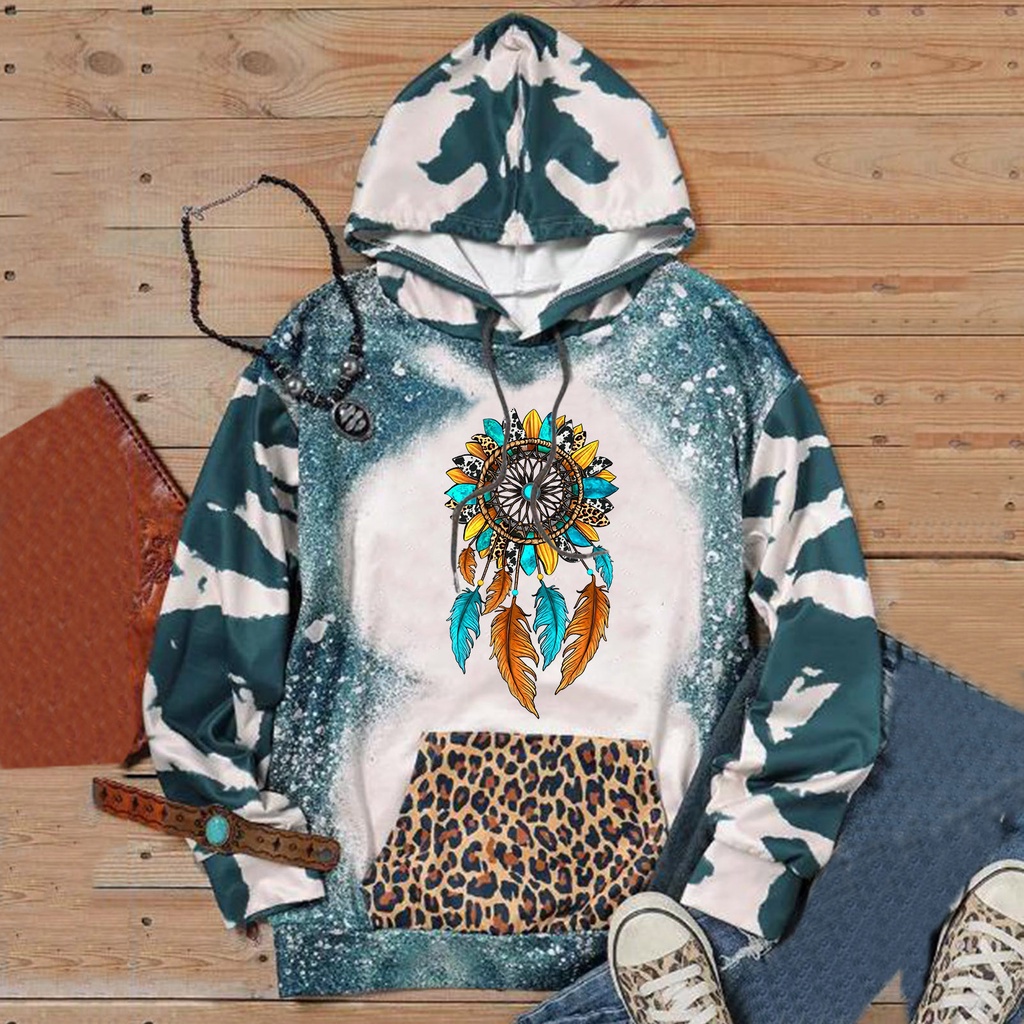 cocoday  Women Tie Dye Casual Patchwork Sunflower Print Hooded Sweatshirt With Pockets Leopard Hoodie #8