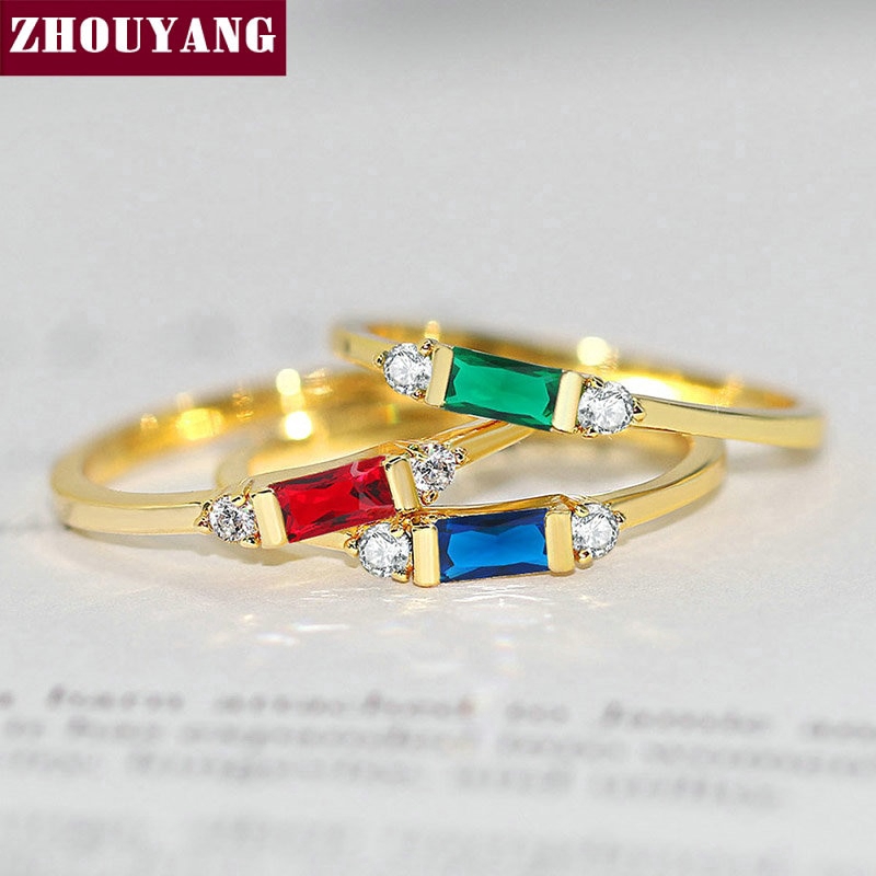 Zhouyang(โจวหยาง)แหวนแต่งงานสำหรับผู้หญิงละเอียดอ่อนข้อเสนอสแควร์เพทายแสงสีทองบางแหวนนิ้วมือของที่ระลึกเครื่องประดับแฟชั่น R857