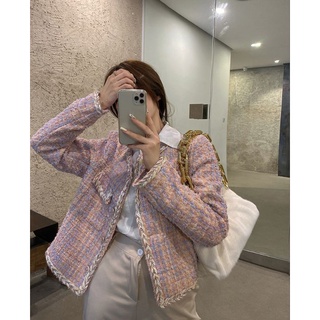 ผ้าทวีตแขนยาวกระดุมผ่าหน้าสีชมพู
