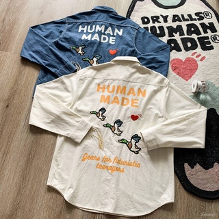 【SR-STUDIO】Nigo Human Made ปักลาย เป็ดบิน ใส่ได้ทั้งชายและหญิง คู่ของ ฤดูใบไม้ร่วง ของใหม่ แขนยาว สไตล์ญี่ปุ่น ลำลอง น้ำ เสื้อเชิ้ตทรงหลวม