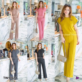 TwinsShopVip💗พร้อมส่ง TW10674 Set #สาวอวบ เสื้อคอกลมแขนล้ำ+กางเกงขาม้า