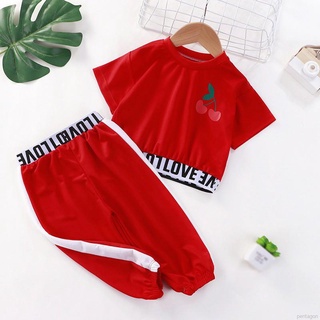 Summer Children Two-piece Baby Girls Fashionable  Leakage Navel Kids Short Sleeve Tops + Trousers Suit 2pcs