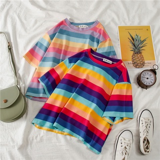 เสื้อยืดแขนสั้น Cropped Navel Top Rainbow Striped สำหรับ ผู้หญิง SC1340