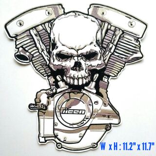 ตัวรีดติดหลังเสื้อขนาดใหญ่ 11.2"*11.7" นิ้ว Cafe Racer 2 Piston Skull Biker iCon Harley Davidson Iron on PU patch