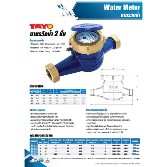 มิเตอร์น้ำ/มาตรวัดน้ำ ระบบเฟือง 2 ชั้น Tayo ขนาด 3/4
